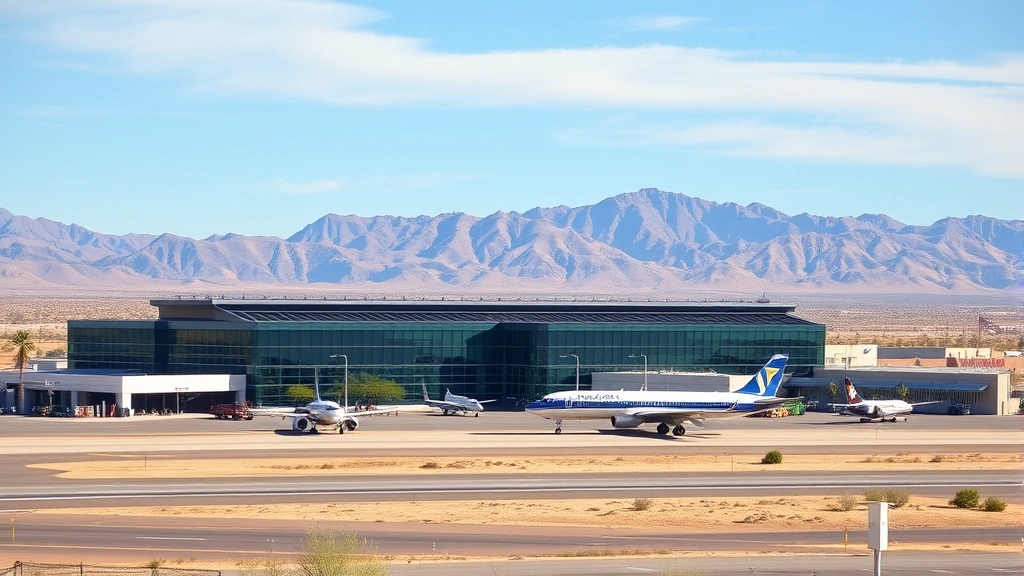Phoenix Sky Harbor airport exterior with desert landscape, modern terminal building, blue Arizona sky, aircraft on tarmac, desert mountains in background, photorealistic aviation photography