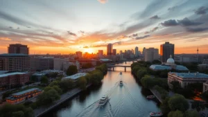 Aerial view of San Antonio River Walk at sunset with boats and downtown skyline reflections in water, golden hour lighting, vibrant cityscape
