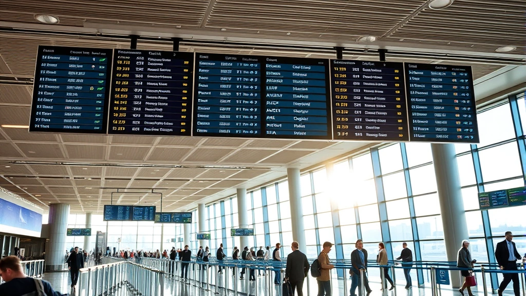 Modern airport terminal interior with passengers at departure gates, flight information displays overhead, natural daylight from large windows, professional travel setting