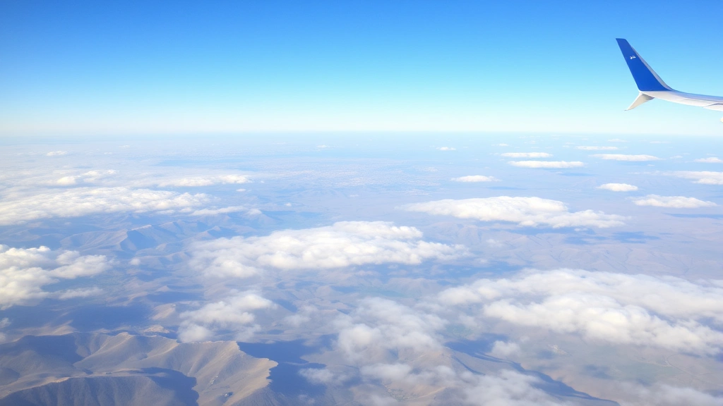 Texas landscape from airplane window showing rolling hills and distant San Antonio cityscape, clouds below, clear blue sky, authentic flight perspective