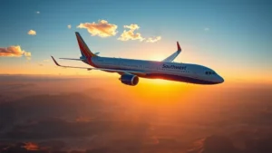 Modern commercial airplane in flight over desert landscape during golden hour sunset with mountains visible below, Southwest or United livery, bright blue sky with few clouds, photorealistic travel photography