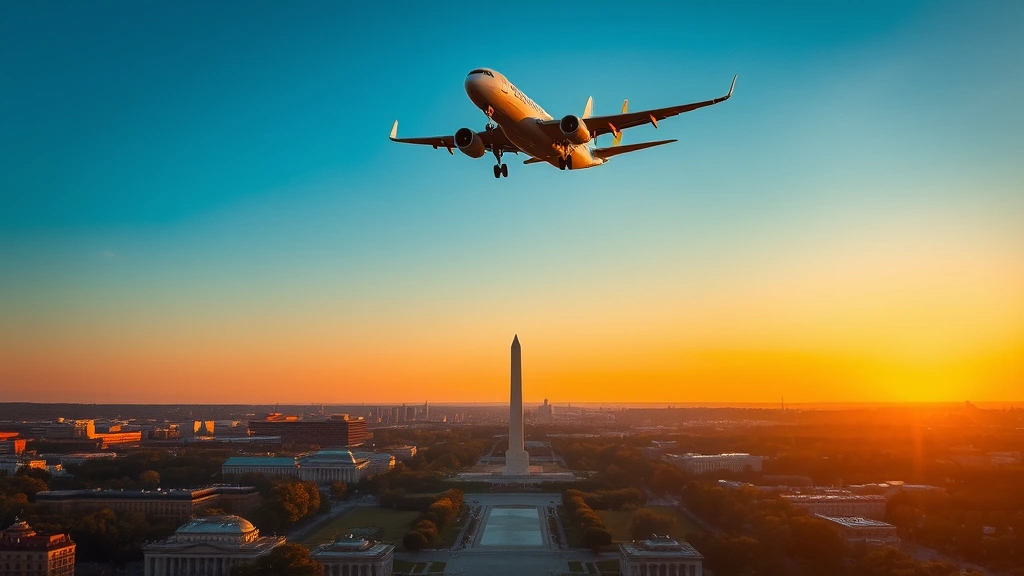 Aerial view of Washington DC skyline with monuments visible, commercial airplane flying overhead at sunset, clear sky with golden hour lighting, photorealistic photography