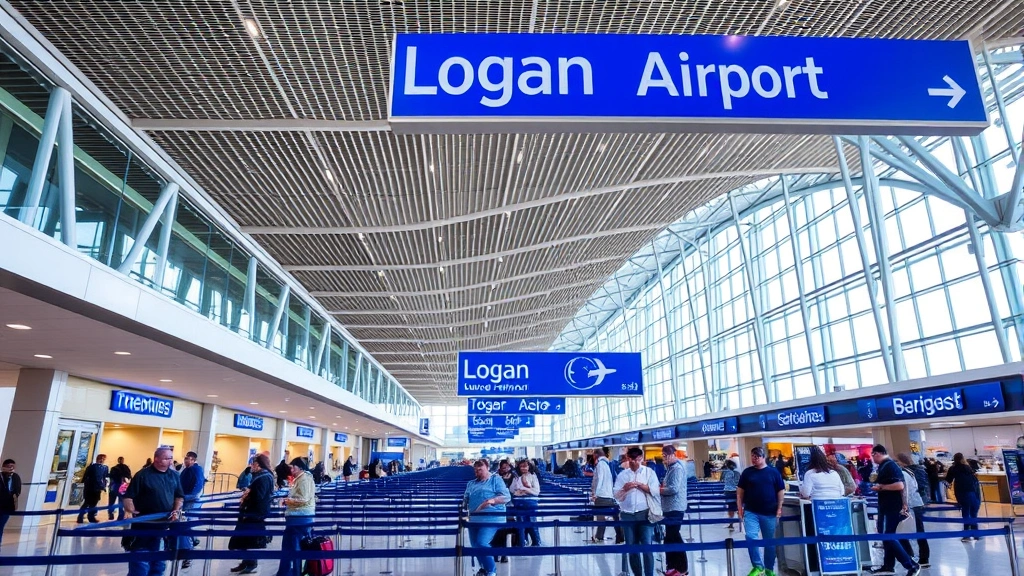 Boston Logan Airport terminal interior with travelers checking in, modern airport architecture, blue and glass design elements, bustling travel scene without visible signage or text