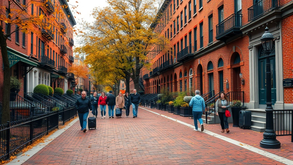 Historic Boston Freedom Trail brick pathway with brownstone buildings, autumn foliage, tourists walking with luggage, New England autumn atmosphere, photorealistic travel destination scene