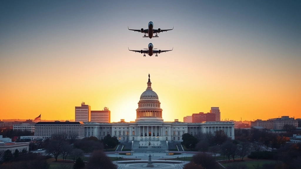 Professional photograph of Washington DC skyline featuring the U.S. Capitol building and monument at sunset with airplane flying overhead, golden hour lighting, clear blue sky, urban landscape composition