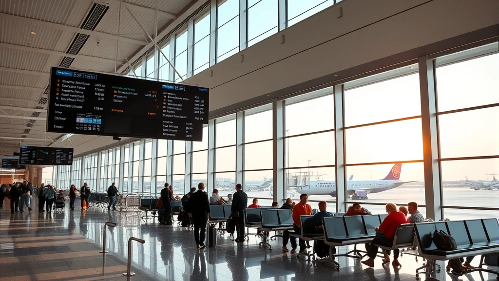 Modern airport terminal interior showing travelers waiting at departure gates with flight information displays, large windows with aircraft visible outside, contemporary airport architecture, natural daylight