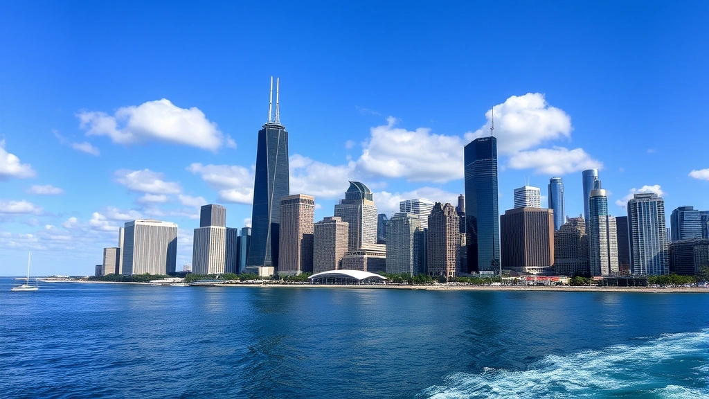 Chicago skyline photograph showing the Willis Tower and Lake Michigan waterfront, downtown skyscrapers reflected in water, aerial view from boat or waterfront perspective, blue sky with clouds, vibrant city landscape