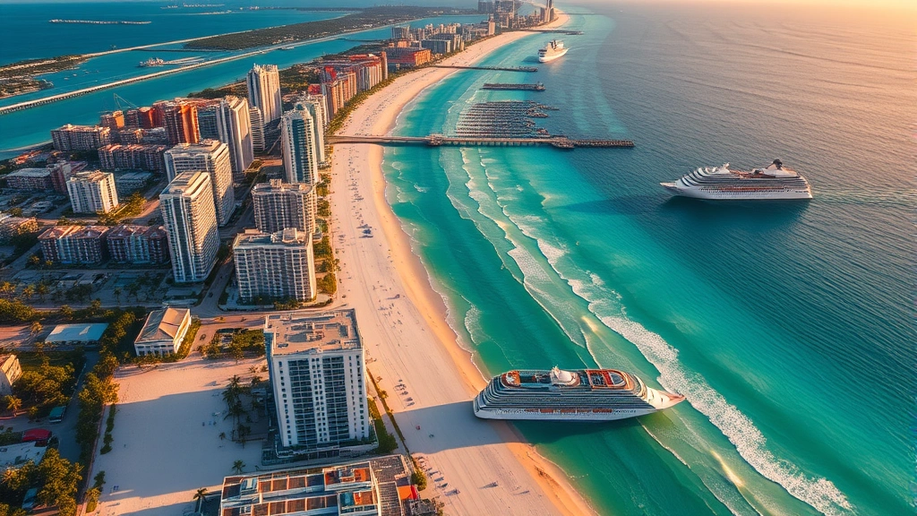 Aerial view of Miami's turquoise coastline with white sandy beaches, colorful beachfront buildings, and cruise ships in the port during golden hour sunset