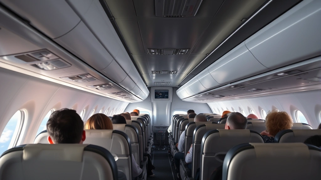 Comfortable airplane cabin interior showing rows of seats with passengers, overhead bins, and the cabin aisle during daytime flight with window views of clouds