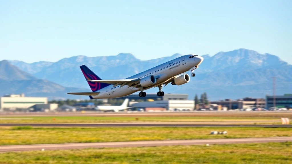 Modern commercial aircraft taking off from Denver International Airport with Rocky Mountains visible in background, clear blue sky, professional aviation photography
