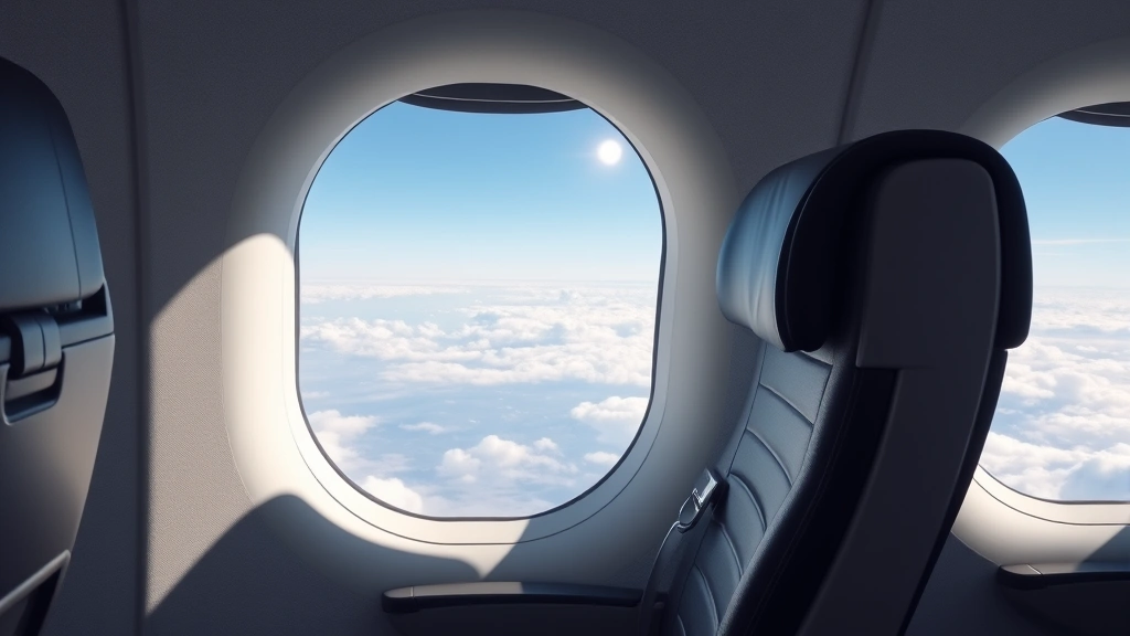 Modern airplane cabin interior showing comfortable economy seats with window view of clouds and distant landscape below, natural lighting