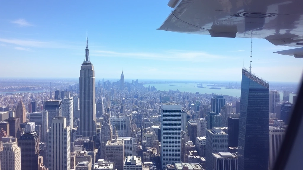 New York City Manhattan skyline with tall buildings, aerial view from aircraft window, clear weather, Hudson River visible, bustling urban landscape