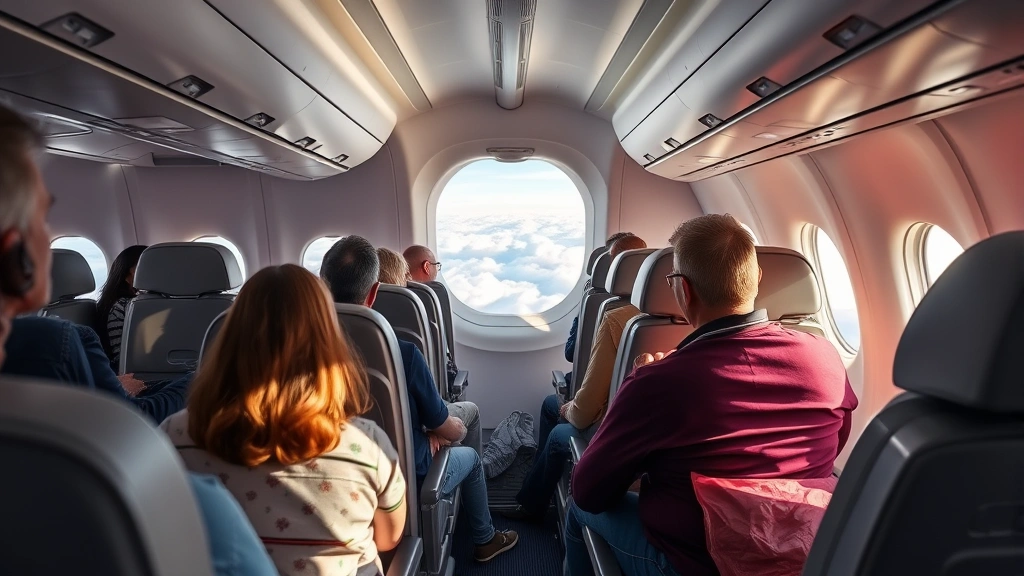 Airplane cabin interior with passengers in comfortable seats, window view of clouds and sky, natural lighting, modern aircraft interior design