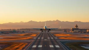 Aerial view of Denver International Airport runway with Rocky Mountains in background, golden hour lighting, aircraft taking off toward clear sky, photorealistic travel photography