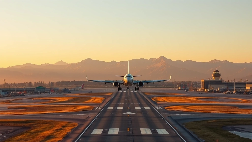 Aerial view of Denver International Airport runway with Rocky Mountains in background, golden hour lighting, aircraft taking off toward clear sky, photorealistic travel photography