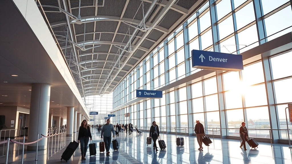 Denver International Airport terminal interior with morning light streaming through windows, travelers with luggage walking through modern architecture, blue and white color scheme, photorealistic