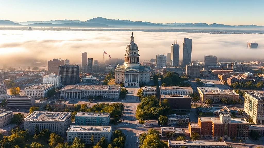 Aerial view of Sacramento city skyline with Capitol building visible, morning fog clearing over downtown area, California landscape, photorealistic travel photography
