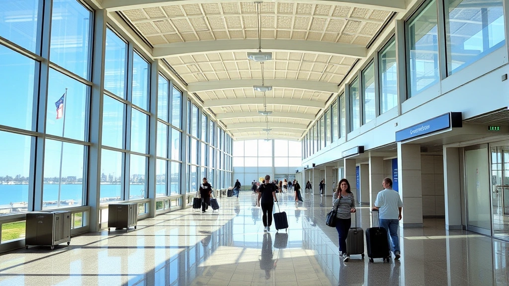 San Diego International Airport terminal interior with modern architecture, large windows showing bay views, travelers with luggage moving through corridor, bright natural lighting, contemporary airport design