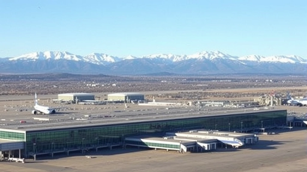 Aerial view of Denver International Airport terminal with snow-capped Rocky Mountains in background, modern architecture, daytime