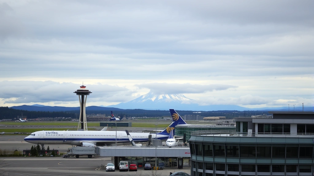 Seattle-Tacoma airport with Mount Rainier visible in distance, modern terminal building, Pacific Northwest landscape, cloudy sky