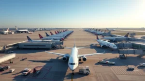 Aerial view of Detroit Metropolitan Airport with commercial aircraft on tarmac, morning light, clear skies, multiple gates visible, ground crew and service vehicles