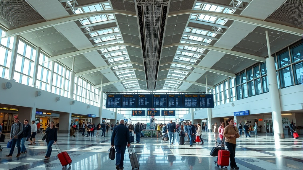 Chicago O'Hare International Airport terminal interior showing modern architecture, departure boards, travelers with luggage, bright natural lighting from windows, bustling atmosphere