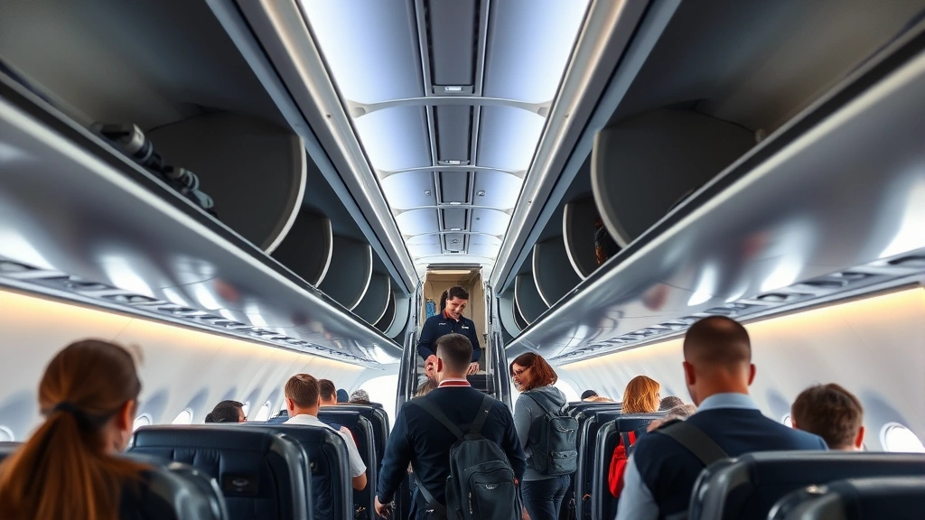 Passengers boarding narrow-body aircraft on jet bridge, flight attendants welcoming travelers, overhead bin storage, modern cabin interior, professional aviation setting