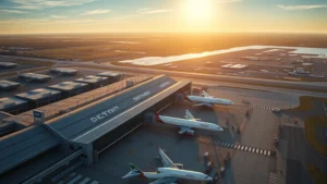 Aerial view of Detroit Metropolitan Airport terminal with modern architecture, aircraft at gates, and Michigan landscape visible below during golden hour lighting