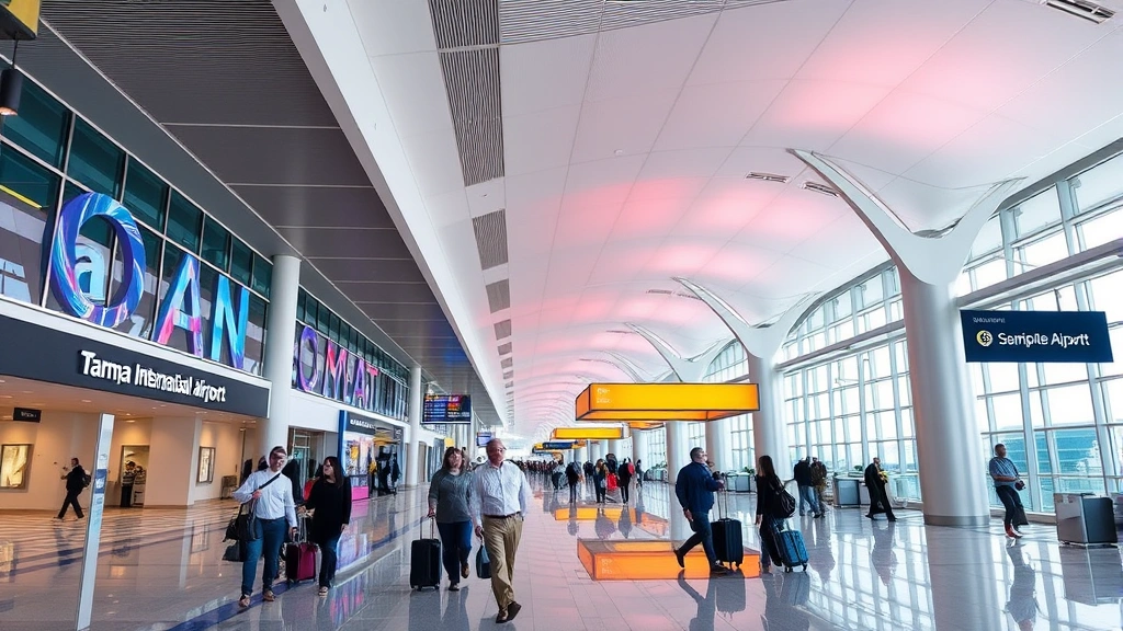 Tampa International Airport modern terminal interior showing contemporary design, travelers with luggage, and airport signage creating vibrant travel atmosphere