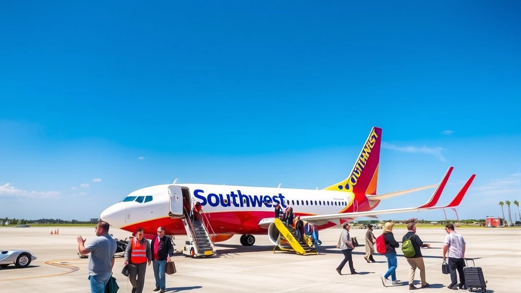 Passengers boarding Southwest Airlines aircraft on sunny tarmac with clear blue sky, ground crew working efficiently, Florida palm trees visible in distance