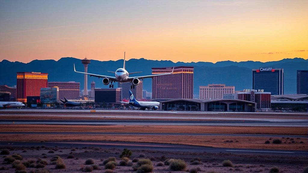 Las Vegas Strip skyline with Harry Reid International Airport runway in foreground, desert landscape, commercial jet landing with landing gear deployed, sunset lighting