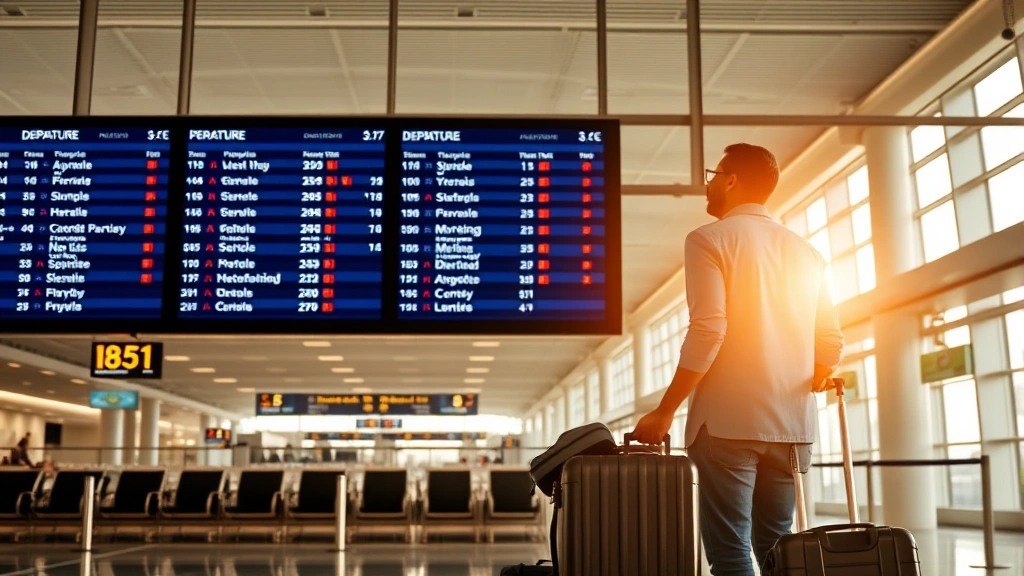 Traveler at Fresno airport departure board showing flight information and pricing, rolling luggage, airport terminal modern interior with natural light