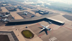 Aerial view of Gerald R. Ford International Airport Grand Rapids Michigan with planes on tarmac sunny day clear weather