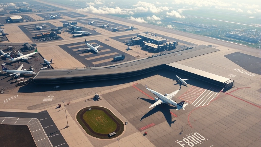 Aerial view of Gerald R. Ford International Airport Grand Rapids Michigan with planes on tarmac sunny day clear weather