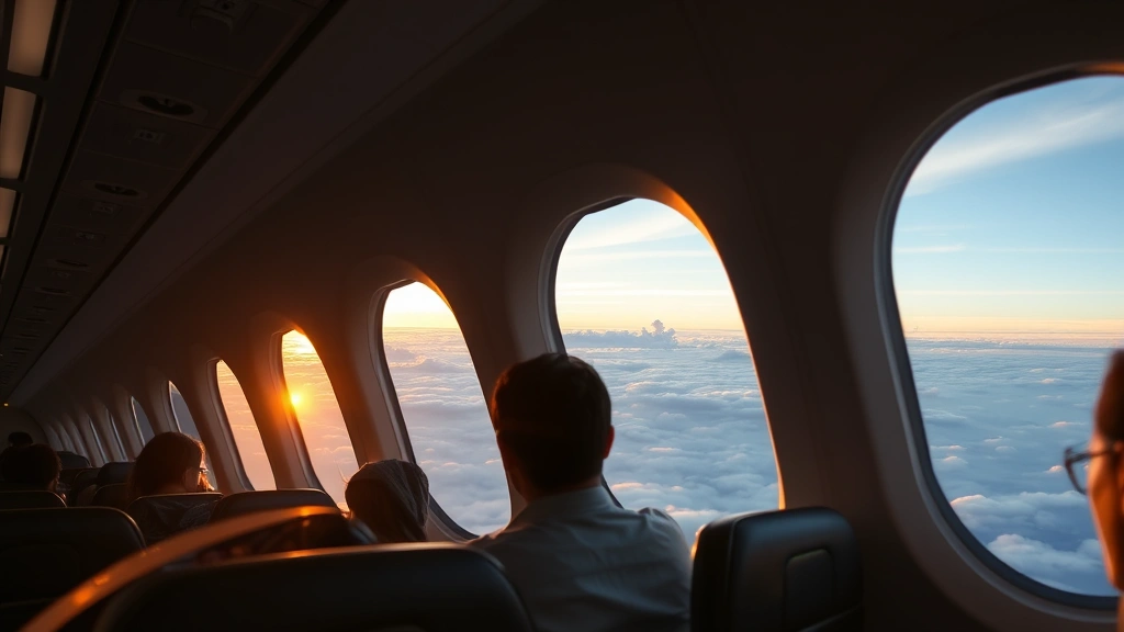 Modern airplane cabin interior with passengers looking out window at clouds and sunrise during flight journey