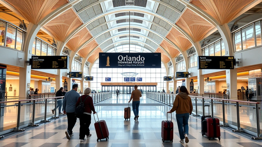 Orlando International Airport terminal departure area with travelers with luggage walking toward gates bright modern architecture