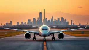 Modern commercial aircraft on runway at sunset with Houston skyline visible in background, golden hour lighting, professional aviation photography