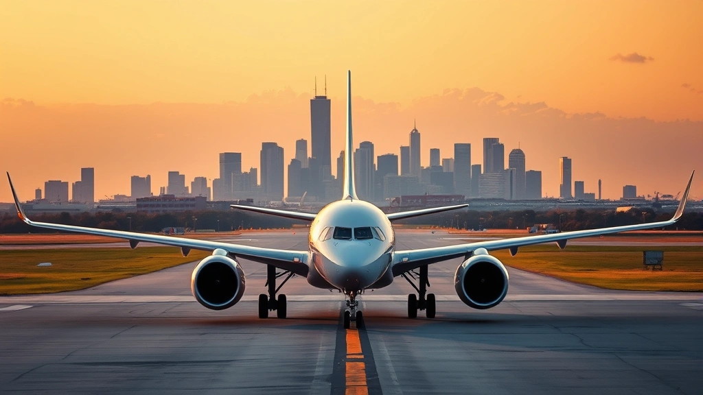 Modern commercial aircraft on runway at sunset with Houston skyline visible in background, golden hour lighting, professional aviation photography