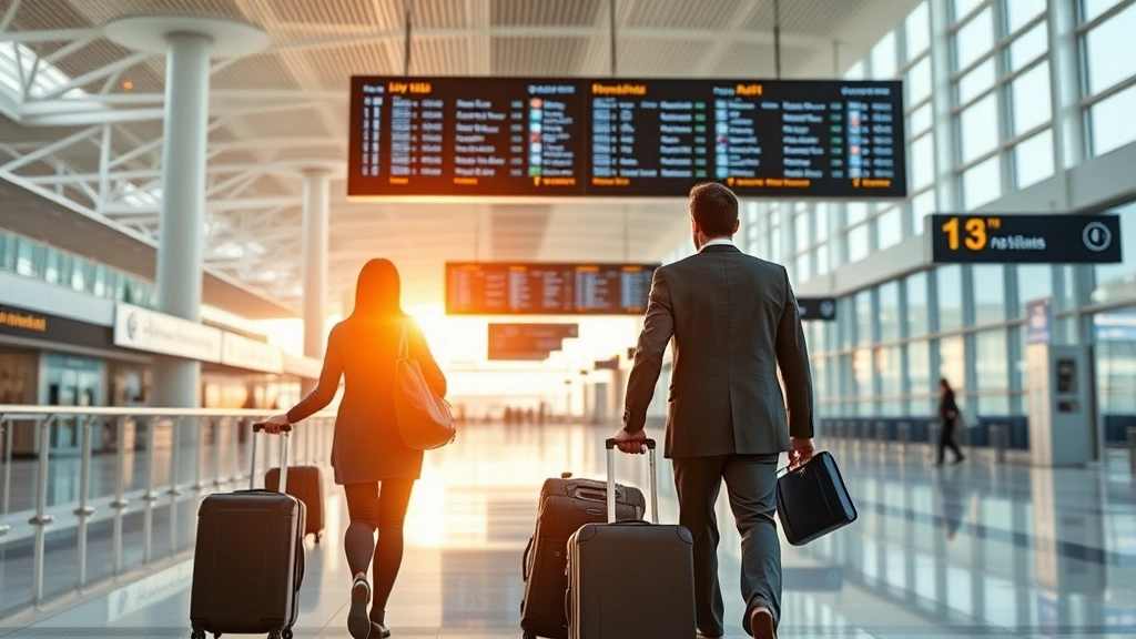Business travelers with luggage walking through contemporary airport terminal with flight information displays, natural daylight, modern infrastructure visible