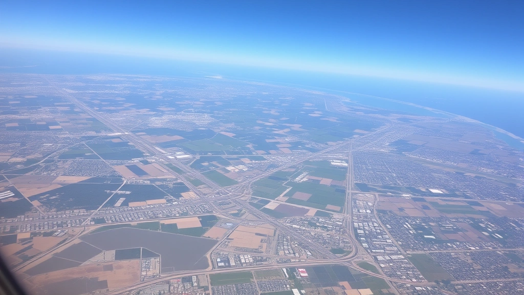 Aerial view of Texas landscape between Houston and Dallas region showing highways and urban areas below aircraft window, daytime clear skies