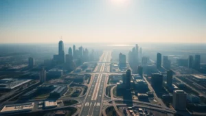 Aerial view of Houston skyline with Hobby Airport runway visible, morning light reflecting off downtown buildings and surrounding highways, clear blue sky