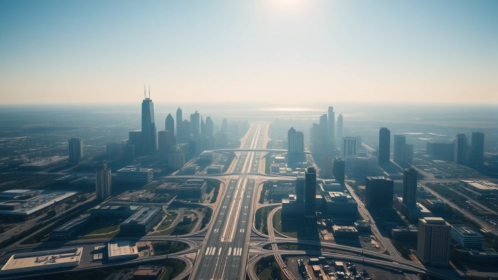 Aerial view of Houston skyline with Hobby Airport runway visible, morning light reflecting off downtown buildings and surrounding highways, clear blue sky