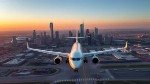 Aerial view of Houston skyline with commercial aircraft approaching Hobby Airport during golden hour, depicting departure preparation for cross-country travel