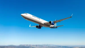 Modern commercial airplane in flight over landscape, shot from below against blue sky, United or Aeromexico livery visible, realistic daytime photography
