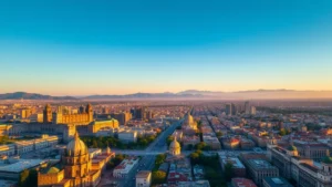 Aerial view of Mexico City skyline with historic architecture and modern buildings, golden hour lighting, clear blue sky, showing the sprawling urban landscape and mountains in distance