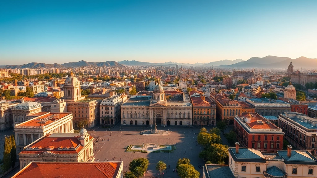 Mexico City skyline with Zócalo plaza and historic buildings in afternoon light, wide panoramic view showing urban landscape and distant mountains, photorealistic travel destination image