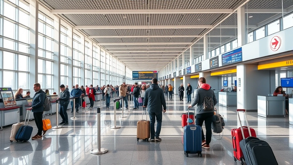 Houston airport departure hall with travelers checking in at ticket counters, modern terminal interior with natural lighting, people with luggage preparing for international flights