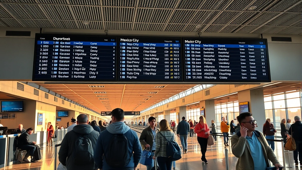 Airport departure board showing flight information to Mexico City, travelers with luggage in modern terminal, warm afternoon lighting, busy but calm airport atmosphere