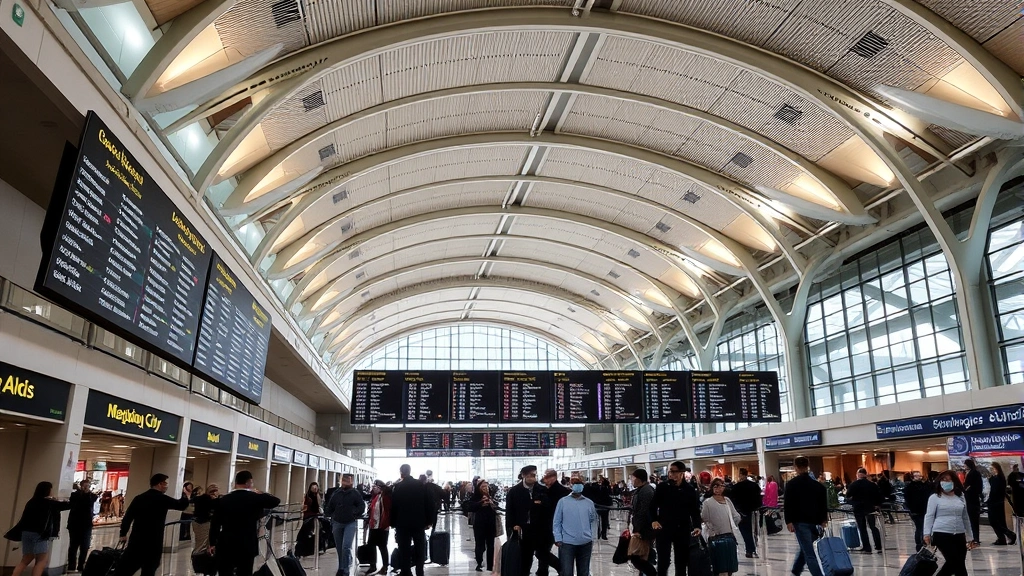 Mexico City International Airport terminal interior showing modern architecture, departure boards, travelers with luggage, international flight information displays, contemporary airport design