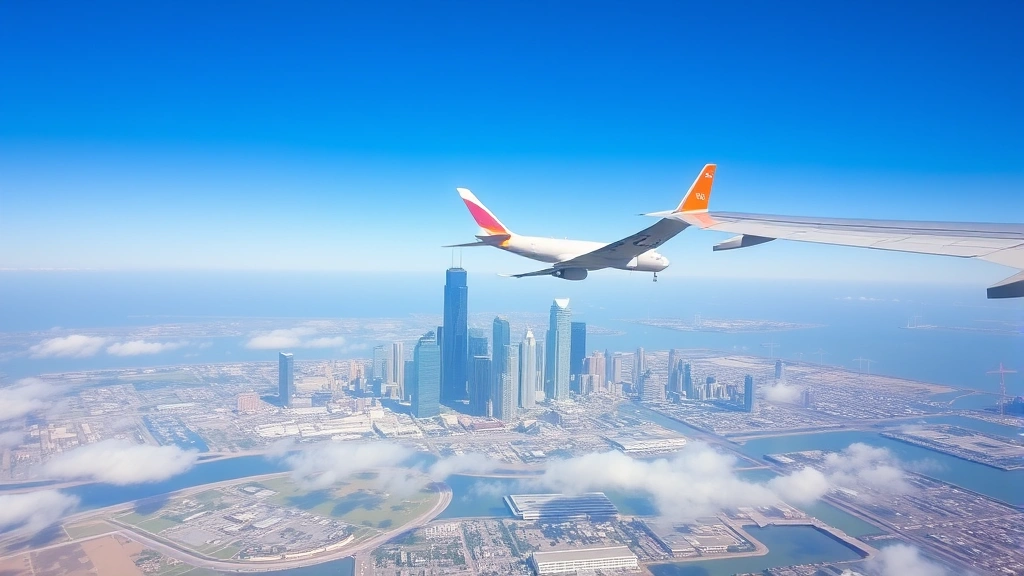 Aerial view of Houston skyline with airplane approaching, clear blue sky, dynamic perspective from aircraft window